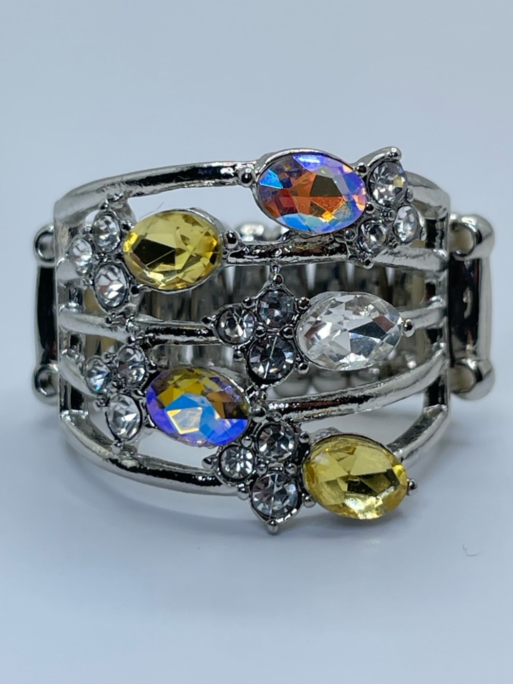 Silver Tone AB Yellow Crystal Stretch Ring Statement Multicolor